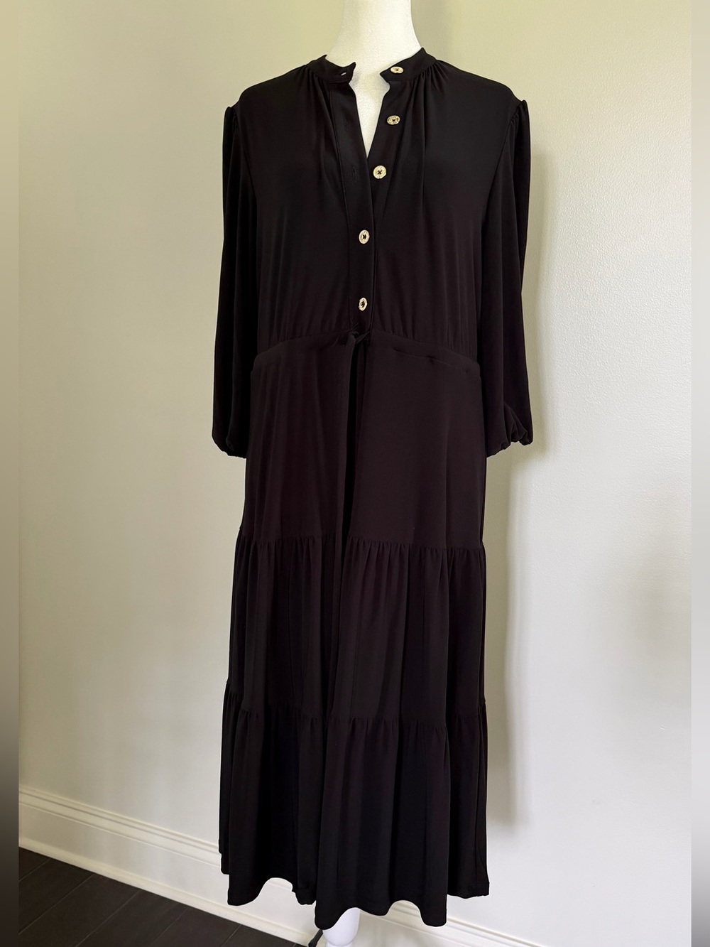 Anne Klein Black Long Tiered Maxi Dress with Button Front